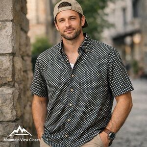 Johnnylove Men’s Heart Print Button-Up Shirt | Indie Retro Short Sleeve L